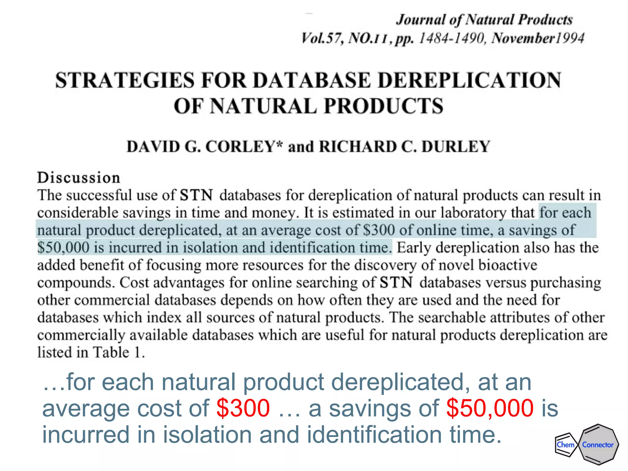…for each natural product dereplicated, at an
average cost of $300 … a savings of $50,000 is
incurred in isolation and identification time.
 