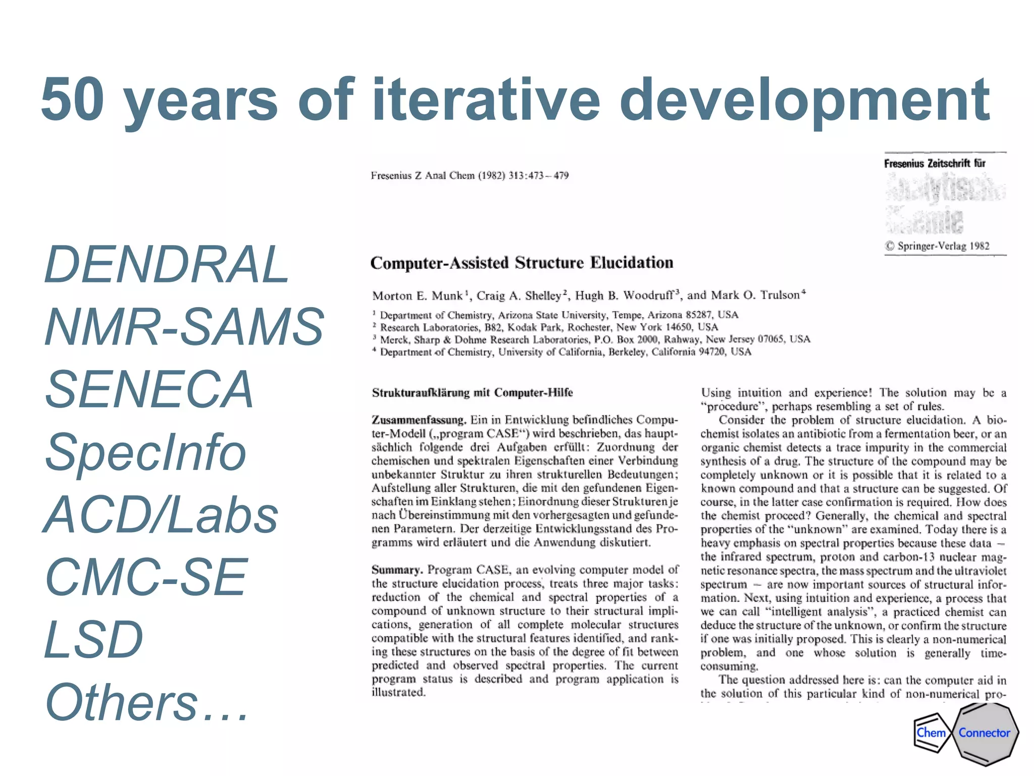 50 years of iterative development
DENDRAL
NMR-SAMS
SENECA
SpecInfo
ACD/Labs
CMC-SE
LSD
Others…
 