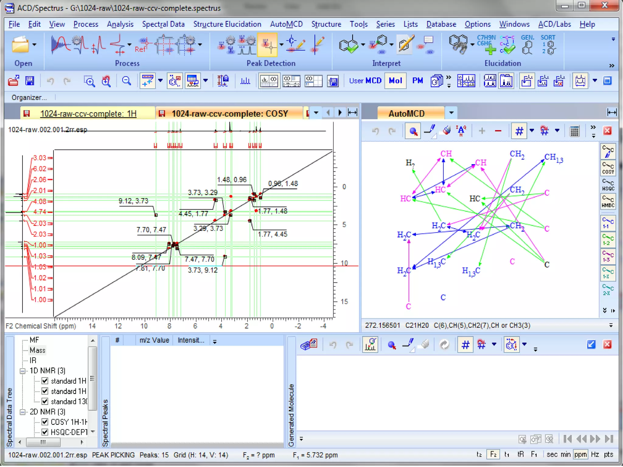 1D & 2D NMR Synchronized
Processing
The Software displays correlations for assigned spectra and structures, and highlights
correlations that are likely to be erroneous.
 