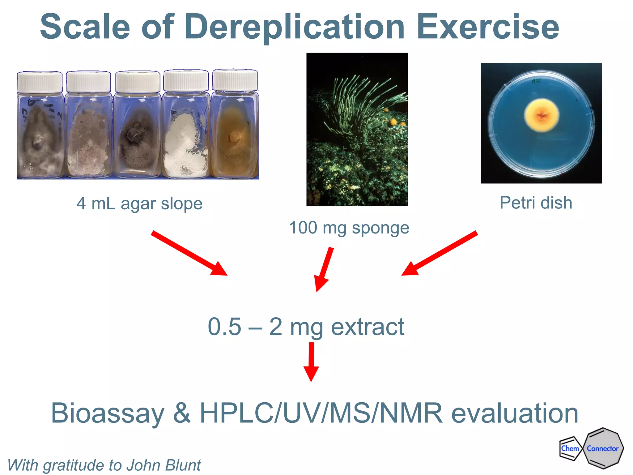 Scale of Dereplication Exercise
0.5 – 2 mg extract
4 mL agar slope Petri dish
Bioassay & HPLC/UV/MS/NMR evaluation
100 mg sponge
With gratitude to John Blunt
 