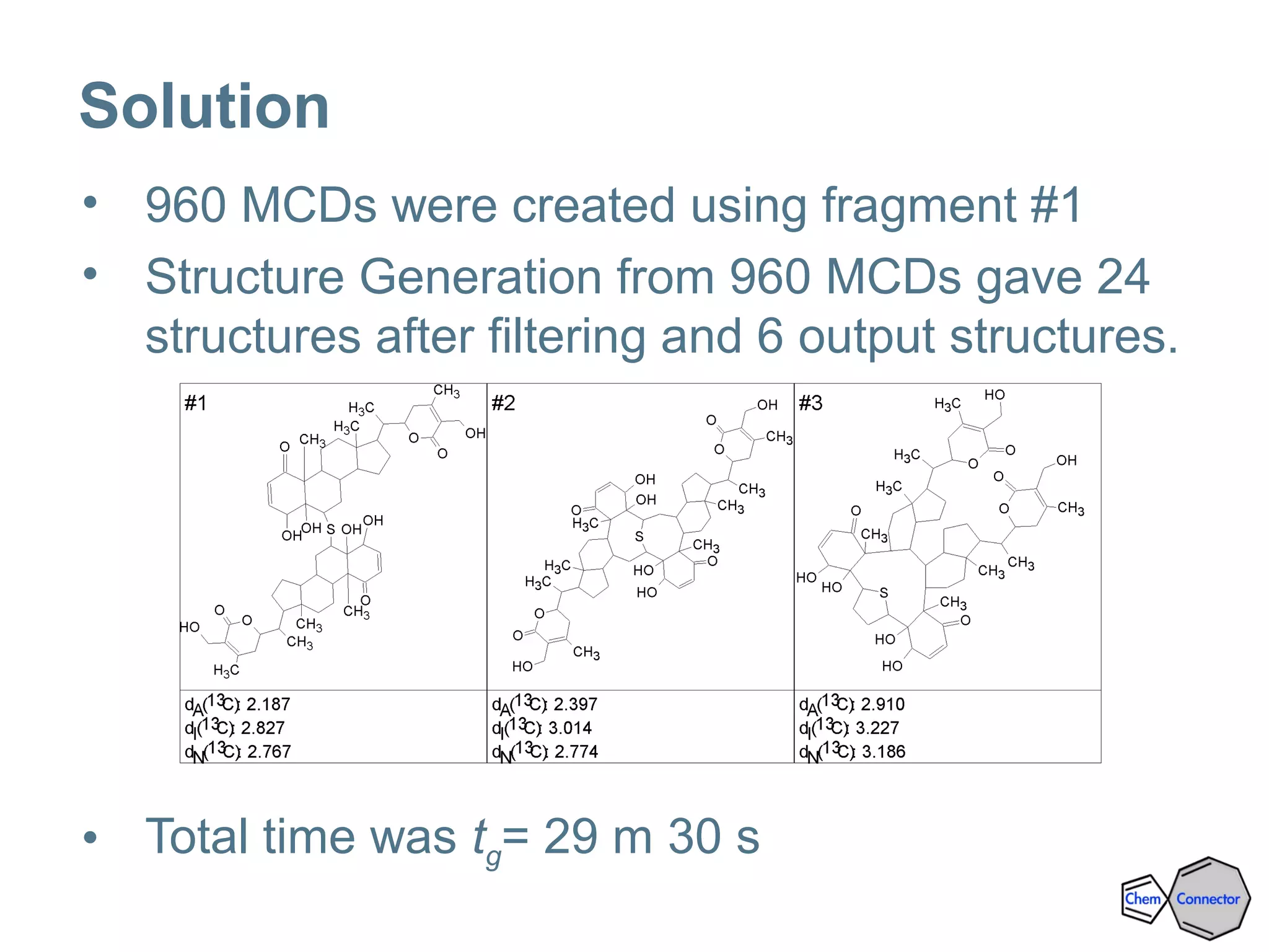 Solution
• 960 MCDs were created using fragment #1
• Structure Generation from 960 MCDs gave 24
structures after filtering and 6 output structures.
• Total time was tg= 29 m 30 s
 