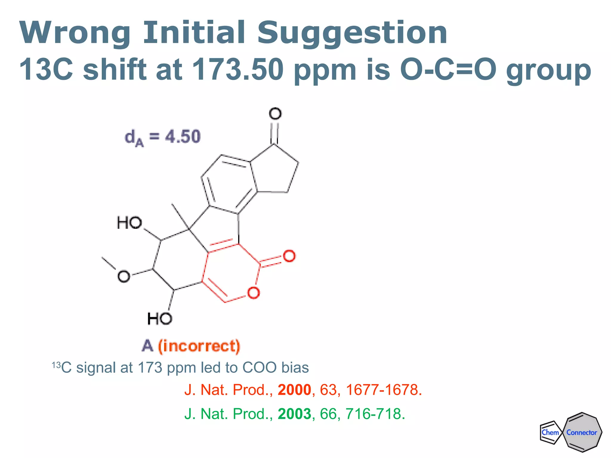 Wrong Initial Suggestion
13C shift at 173.50 ppm is O-C=O group
J. Nat. Prod., 2000, 63, 1677-1678.
J. Nat. Prod., 2003, 66, 716-718.
13
C signal at 173 ppm led to COO bias Data compared to a similar compound
 