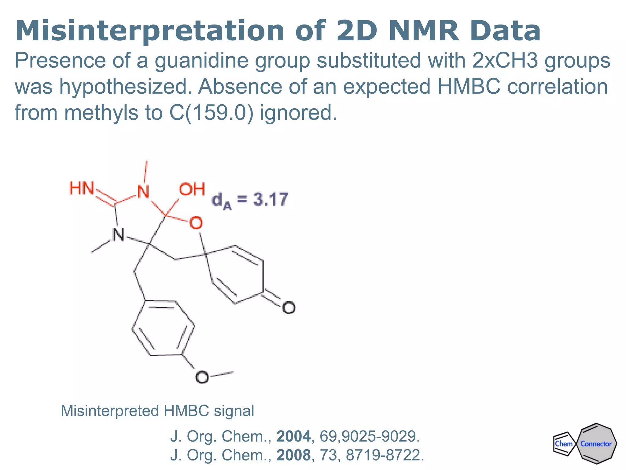 Misinterpretation of 2D NMR Data
Presence of a guanidine group substituted with 2xCH3 groups
was hypothesized. Absence of an expected HMBC correlation
from methyls to C(159.0) ignored.
J. Org. Chem., 2004, 69,9025-9029.
J. Org. Chem., 2008, 73, 8719-8722.
Misinterpreted HMBC signal Verified by X-ray crystallography
 