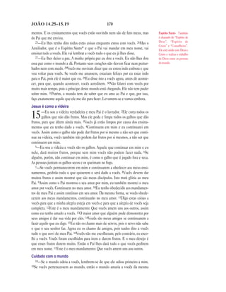 170JOÃO 14.25—15.19
mentos. E os ensinamentos que vocês estão ouvindo nem são de fato meus, mas
do Pai que me enviou.
25—Eu lhes tenho dito todas estas coisas enquanto estou com vocês. 26Mas o
Auxiliador, que é o Espírito Santo* e que o Pai vai mandar em meu nome, vai
ensinar tudo a vocês. Ele vai lembrar a vocês tudo o que eu já lhes disse.
27—Eu lhes deixo a paz. A minha própria paz eu dou a vocês. Eu não lhes dou
essa paz como o mundo a dá. Portanto seus corações não devem ficar nem pertur-
bados nem com medo. 28Vocês me ouviram dizer que eu estou indo embora e que
vou voltar para vocês. Se vocês me amassem, estariam felizes por eu estar indo
para o Pai, pois ele é maior que eu. 29Eu disse isto a vocês agora, antes de aconte-
cer, para que, quando acontecer, vocês acreditem. 30Não falarei com vocês por
muito mais tempo, pois o príncipe deste mundo está chegando. Ele não tem poder
sobre mim. 31Porém, o mundo tem de saber que eu amo ao Pai e que, por isso,
faço exatamente aquilo que ele me diz para fazer. Levantem-se e vamos embora.
Jesus é como a videira
15—Eu sou a videira verdadeira e meu Pai é o lavrador. 2Ele corta todos os
galhos que não dão frutos. Mas ele poda e limpa todos os galhos que dão
frutos, para que dêem ainda mais. 3Vocês já estão limpos por causa dos ensina-
mentos que eu tenho dado a vocês. 4Continuem em mim e eu continuarei em
vocês. Assim como o galho não pode dar frutos por si mesmo a não ser que conti-
nue na videira, vocês também não podem dar frutos por si mesmos, a não ser que
continuem em mim.
5—Eu sou a videira e vocês são os galhos. Aquele que continuar em mim e eu
nele, dará muitos frutos, porque sem mim vocês não podem fazer nada. 6Se
alguém, porém, não continuar em mim, é como o galho que é jogado fora e seca.
As pessoas juntam os galhos secos e os queimam no fogo.
7—Se vocês permanecerem em mim e continuarem a obedecer aos meus ensi-
namentos, pedirão tudo o que quiserem e será dado a vocês. 8Vocês devem dar
muitos frutos e assim mostrar que são meus discípulos. Isto trará glória ao meu
Pai. 9Assim como o Pai mostrou o seu amor por mim, eu também mostrei o meu
amor por vocês. Continuem no meu amor. 10Eu tenho obedecido aos mandamen-
tos de meu Pai e assim continuo em seu amor. Da mesma forma, se vocês obede-
cerem aos meus mandamentos, continuarão no meu amor. 11Digo estas coisas a
vocês para que a minha alegria esteja em vocês e para que a alegria de vocês seja
completa. 12Este é o meu mandamento: Que vocês amem uns aos outros, assim
como eu tenho amado a vocês. 13O maior amor que alguém pode demonstrar por
seus amigos é dar sua vida por eles. 14Vocês são meus amigos se continuarem a
fazer aquilo que eu digo. 15Eu não os chamo mais de servos, pois o servo não sabe
o que o seu senhor faz. Agora eu os chamo de amigos, pois tenho dito a vocês
tudo o que ouvi de meu Pai. 16Vocês não me escolheram; pelo contrário, eu esco-
lhi a vocês. Vocês foram escolhidos para irem e darem frutos. E o meu desejo é
que esses frutos durem muito. Então o Pai lhes dará tudo o que vocês pedirem
em meu nome. 17Este é o meu mandamento: Que vocês amem uns aos outros.
Cuidado com o mundo
18—Se o mundo odeia a vocês, lembrem-se de que ele odiou primeiro a mim.
19Se vocês pertencessem ao mundo, então o mundo amaria a vocês da mesma
Espírito Santo Também
é chamado de “Espírito de
Deus”, “Espírito de
Cristo” e “Conselheiro”.
Ele está unido com Deus e
Cristo e realiza o trabalho
de Deus entre as pessoas
do mundo.
 