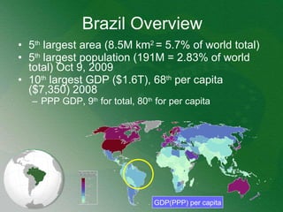 Brazil Overview 5 th  largest area (8.5M km 2  = 5.7% of world total) 5 th  largest population (191M = 2.83% of world total) Oct 9, 2009 10 th  largest GDP ($1.6T), 68 th  per capita ($7,350) 2008 PPP GDP, 9 th  for total, 80 th  for per capita GDP(PPP) per capita 