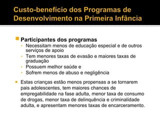  Participantes dos programas
  • Necessitam menos de educação especial e de outros
    serviços de apoio
  • Tem menores taxas de evasão e maiores taxas de
    graduação
  • Possuem melhor saúde e
  • Sofrem menos de abuso e negligência

 Estas crianças estão menos propensas a se tornarem
  pais adolescentes, tem maiores chances de
  empregabilidade na fase adulta, menor taxa de consumo
  de drogas, menor taxa de delinquência e criminalidade
  adulta, e apresentam menores taxas de encarceramento.
 