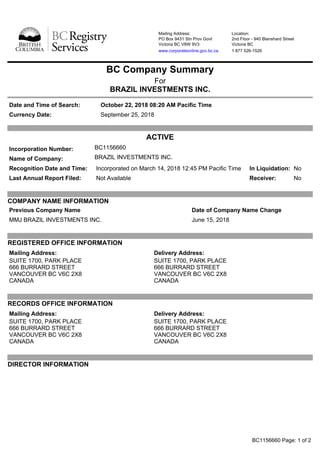 Mailing Address:
PO Box 9431 Stn Prov Govt
Victoria BC V8W 9V3
www.corporateonline.gov.bc.ca
Location:
2nd Floor - 940 Blanshard Street
Victoria BC
1 877 526-1526
BC Company Summary
For
BRAZIL INVESTMENTS INC.
Date and Time of Search: October 22, 2018 08:20 AM Pacific Time
Currency Date: September 25, 2018
ACTIVE
Incorporation Number: BC1156660
Name of Company: BRAZIL INVESTMENTS INC.
Recognition Date and Time: Incorporated on March 14, 2018 12:45 PM Pacific Time In Liquidation: No
Last Annual Report Filed: Not Available Receiver: No
COMPANY NAME INFORMATION
Previous Company Name Date of Company Name Change
MMJ BRAZIL INVESTMENTS INC. June 15, 2018
REGISTERED OFFICE INFORMATION
Mailing Address:
SUITE 1700, PARK PLACE
666 BURRARD STREET
VANCOUVER BC V6C 2X8
CANADA
Delivery Address:
SUITE 1700, PARK PLACE
666 BURRARD STREET
VANCOUVER BC V6C 2X8
CANADA
RECORDS OFFICE INFORMATION
Mailing Address:
SUITE 1700, PARK PLACE
666 BURRARD STREET
VANCOUVER BC V6C 2X8
CANADA
Delivery Address:
SUITE 1700, PARK PLACE
666 BURRARD STREET
VANCOUVER BC V6C 2X8
CANADA
DIRECTOR INFORMATION
BC1156660 Page: 1 of 2
 