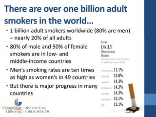 There are over one billion adult
smokers in the world…
• 1 billion adult smokers worldwide (80% are men)
  – nearly 20% of all adults
• 80% of male and 50% of female
  smokers are in low- and
  middle-income countries
• Men’s smoking rates are ten times
  as high as women’s in 49 countries
• But there is major progress in many
  countries
 