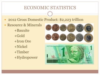 ECONOMIC STATISTICS 
 2012 Gross Domestic Product: $2,223 trillion 
 Resource & Minerals 
+Bauxite 
+Gold 
+Iron Ore 
+Nickel 
+Timber 
+Hydropower 
 