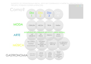 SUGESTÃO DE CRONOGRAMA INICIAL. DEVE SER CONFIRMADO A PARTIR DA APROVAÇÃO DO 
PROJETO. PODENDO SOFRER ALTERAÇÕES. 
Como? 
MAMG 
Dia 
1 
Dia 
2 
Dia 
3 
Dia 
4 
OSKLEN NEON TRYA FARM 
INTERVENÇÃO URBANA INLOCO + ARTE DIGITAL 
OS 
GÊMEOS 
TITI 
FREAK PRESTO Jana 
Joana 
SEU JORGE 
E BOSSA 
CUCANOVA 
VOLVER E 
SUPLA 
ROTHERS OF 
BRASIL 
CRIOLO E 
RITA LEE 
DJ ZEGON E 
MARCELO 
D2 
ALEX ATALA 
(DOM-SP) 
ARIANE 
MALOUF 
(MAHALO-MG) 
JOCA 
PONTES 
(PONTE 
NOVA – 
RECIFE) 
IRMAOS 
BASILE 
LE GOURMET 
BISTROT – 
GONÇALVES 
- PR 
MODA 
ARTE 
MÚSICA 
GASTRONOMIA 
 