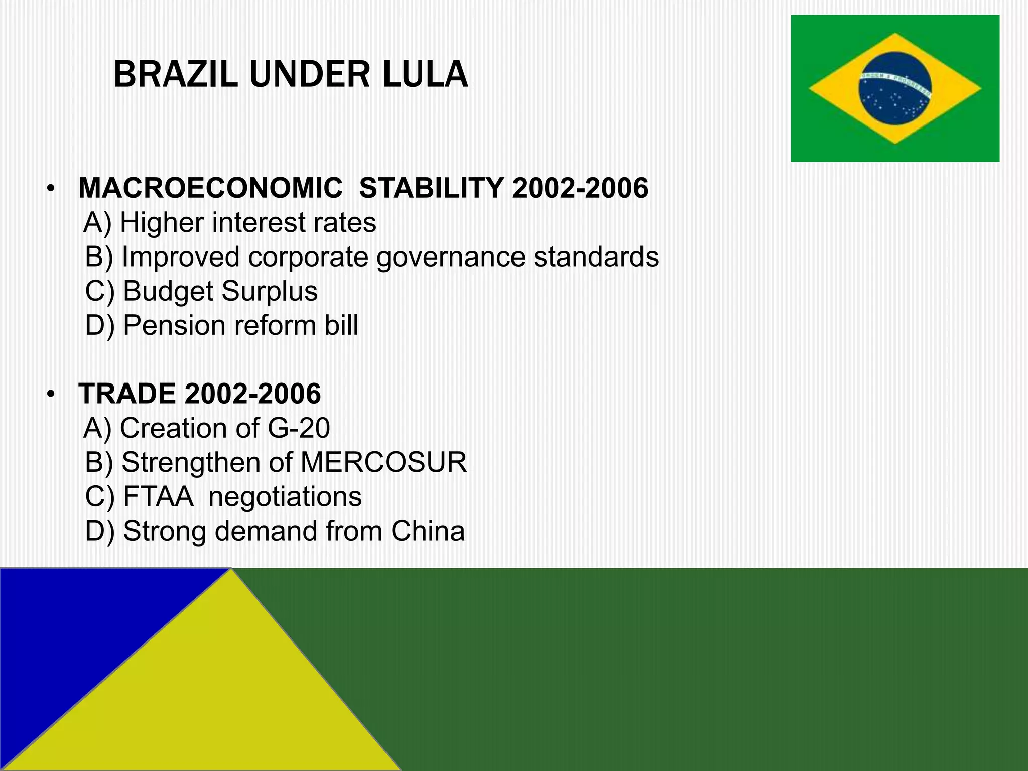 BRAZIL UNDER LULA

• MACROECONOMIC STABILITY 2002-2006
  A) Higher interest rates
  B) Improved corporate governance standards
  C) Budget Surplus
  D) Pension reform bill

• TRADE 2002-2006
  A) Creation of G-20
  B) Strengthen of MERCOSUR
  C) FTAA negotiations
  D) Strong demand from China
 
