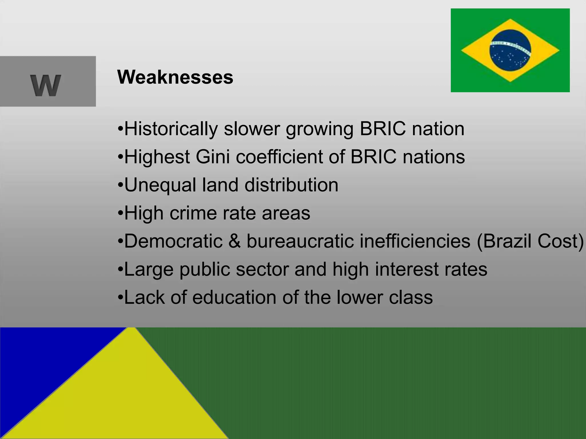 W   Weaknesses

    •Historically slower growing BRIC nation
    •Highest Gini coefficient of BRIC nations
    •Unequal land distribution
    •High crime rate areas
    •Democratic & bureaucratic inefficiencies (Brazil Cost)
    •Large public sector and high interest rates
    •Lack of education of the lower class
 