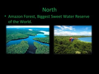 North
• Amazon Forest, Biggest Sweet Water Reserve
  of the World.
 