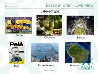 Brazil in Brief - Overview
Estereotype

Soccer

Pele

Caipirinha

Rio de Janeiro
The Forum12

Samba

Amazon
2

 