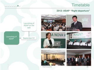Timetable
2012: ASAP “flight departure”

Launching of
ASAP on the
web

Launching of
ASAP

September/12

The Forum12

28

 