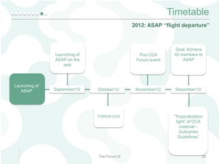 Timetable
2012: ASAP “flight departure”

Pos CCA
Forum event

Launching of
ASAP on the
web

Launching of
ASAP

September/12

October/12

FORUM CCA

The Forum12

Goal: Achieve
42 members to
ASAP

November/12

December/12

“Tropicalization
light” of CCA
material –
Outcomes
Guidelines”

29

 