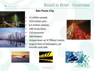 Brazil in Brief - Overview
São Paulo City
•
•
•
•
•
•
•
•

11 million people
19.8 million pets
6.5 million vehicles
148 Universities
110 museums
160 theaters
Unique town w/ 4 Tiffany’s stores
Largest fleet of helicopters, jet
aircrafts and cabs

The Forum12

3

 