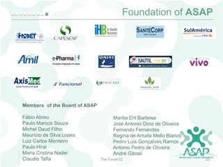 Foundation of ASAP

Members of the Board of ASAP
Fábio Abreu
Paulo Marcos Souza
Michel Daud Filho
Maurício da Silva Lopes
Luiz Carlos Monteiro
Paulo Hirai
Maria Cristina Nader
Claudio Tafla

Marilia Ehl Barbosa
José Antonio Diniz de Oliveira
Fernando Fernandes
Regina de Arruda Mello Blanco
Pedro Luis Gonçalves Ramos
Antonio Pedro de Oliveira
André Gibrail
The Forum12

33

 