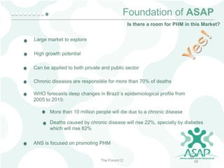 Foundation of ASAP
Is there a room for PHM in this Market?
Large market to explore
High growth potential
Can be applied to both private and public sector
Chronic diseases are responsible for more than 70% of deaths
WHO forecasts deep changes in Brazil´s epidemiological profile from
2005 to 2015:
More than 10 million people will die due to a chronic disease
Deaths caused by chronic disease will rise 22%, specially by diabetes
which will rise 82%
ANS is focused on promoting PHM

The Forum12

38
38

 