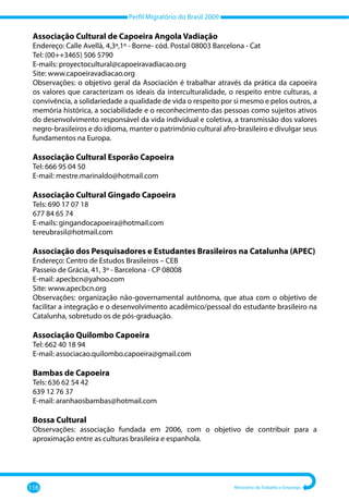 Perfil Migratório do Brasil 2009
116 Ministério do Trabalho e Emprego
Associação Cultural de Capoeira Angola Vadiação
Endereço: Calle Avellà, 4,3ª,1º - Borne- cód. Postal 08003 Barcelona - Cat
Tel: (00++3465) 506 5790
E-mails: proyectocultural@capoeiravadiacao.org
Site: www.capoeiravadiacao.org
Observações: o objetivo geral da Asociación é trabalhar através da prática da capoeira
os valores que caracterizam os ideais da interculturalidade, o respeito entre culturas, a
convivência, a solidariedade a qualidade de vida o respeito por si mesmo e pelos outros, a
memória histórica, a sociabilidade e o reconhecimento das pessoas como sujeitos ativos
do desenvolvimento responsável da vida individual e coletiva, a transmissão dos valores
negro-brasileiros e do idioma, manter o patrimônio cultural afro-brasileiro e divulgar seus
fundamentos na Europa.
Associação Cultural Esporão Capoeira
Tel: 666 95 04 50
E-mail: mestre.marinaldo@hotmail.com
Associação Cultural Gingado Capoeira
Tels: 690 17 07 18
677 84 65 74
E-mails: gingandocapoeira@hotmail.com
tereubrasil@hotmail.com
Associação dos Pesquisadores e Estudantes Brasileiros na Catalunha (APEC)
Endereço: Centro de Estudos Brasileiros – CEB
Passeio de Grácia, 41, 3º - Barcelona - CP 08008
E-mail: apecbcn@yahoo.com
Site: www.apecbcn.org
Observações: organização não-governamental autônoma, que atua com o objetivo de
facilitar a integração e o desenvolvimento acadêmico/pessoal do estudante brasileiro na
Catalunha, sobretudo os de pós-graduação.
Associação Quilombo Capoeira
Tel: 662 40 18 94
E-mail: associacao.quilombo.capoeira@gmail.com
Bambas de Capoeira
Tels: 636 62 54 42
639 12 76 37
E-mail: aranhaosbambas@hotmail.com
Bossa Cultural
Observações: associação fundada em 2006, com o objetivo de contribuir para a
aproximação entre as culturas brasileira e espanhola.
 