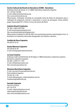 Perfil Migratório do Brasil 2009
118 Ministério do Trabalho e Emprego
Centro Cultural do Brasil em Barcelona (CCBB) - Barcelona
Endereço: Paseo de Gracia, 41, 3º, 08007, Barcelona, Catalunha, Espanha
Tel: +34 932.156.486
E-mail: cebbcn@ceb-barcelona.org
Site: www.ceb-barcelona.org
Observações: instituição vinculada ao Consulado Geral do Brasil em Barcelona para a
realização de programas culturais e educativos e cursos de português. Sócios podem
pegar emprestado CD´s, Filmes e Livros da cultura do Brasil.
Coletivo Brasil-Catalunha
Tel: (00++3465) 420 9238
E-mail: brasilcatalunya@gmail.com
Site: www.brasilcatalunya.blogspot.com
Observações: fundada em abril de 2007, essa associação promove a participação cívica os
brasileiros na Catalunha, buscando salvaguardar seus direitos e deveres.
Cordão de Ouro Capoeira
Tel: 695 07 32 33
Gueto Manresa Capoeira
Tel: 626 82 62 38
E-mail: strongcapoeira@hotmail.com
La Casa Creativa
Endereço: Calle Coll del Portell, 92-94, Bajos 2º, 08024, Barcelona, Catalunha, Espanha
Barcelona, Catalunha, Espanha
Tel: (00++3493) 511 1291
E-mail: info@lacasacreativa.net
Site: www.lacasacreativa.net
Muzenza Barcelona Capoeira
E-mail: neurtacio.muzenza@hotmail.com
Porto da Barra Capoeira
Tel: 647 26 11 84
E-mails: fabiopinguim_imbassai@yahoo.com.br
motzet@sagradafamilia.org
Senzala Capoeira
Tels: 637 45 62 65
637 18 79 70
E-mails: wladmyrf@yahoo.com.br
niltoncapoeira@hotmail.com
Site: www.senzalabarcelona.com
 