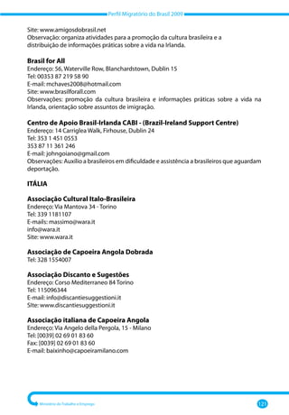 Perfil Migratório do Brasil 2009
Ministério do Trabalho e Emprego 121
Site: www.amigosdobrasil.net
Observação: organiza atividades para a promoção da cultura brasileira e a
distribuição de informações práticas sobre a vida na Irlanda.
Brasil for All
Endereço: 56, Waterville Row, Blanchardstown, Dublin 15
Tel: 00353 87 219 58 90
E-mail: mchaves2008@hotmail.com
Site: www.brasilforall.com
Observações: promoção da cultura brasileira e informações práticas sobre a vida na
Irlanda, orientação sobre assuntos de imigração.
Centro de Apoio Brasil-Irlanda CABI - (Brazil-Ireland Support Centre)
Endereço: 14 Carriglea Walk, Firhouse, Dublin 24
Tel: 353 1 451 0553
353 87 11 361 246
E-mail: johngoiano@gmail.com
Observações: Auxílio a brasileiros em dificuldade e assistência a brasileiros que aguardam
deportação.
ITÁLIA
Associação Cultural Italo-Brasileira
Endereço: Via Mantova 34 - Torino
Tel: 339 1181107
E-mails: massimo@wara.it
info@wara.it
Site: www.wara.it
Associação de Capoeira Angola Dobrada
Tel: 328 1554007
Associação Discanto e Sugestões
Endereço: Corso Mediterraneo 84 Torino
Tel: 115096344
E-mail: info@discantiesuggestioni.it
SIte: www.discantiesuggestioni.it
Associação italiana de Capoeira Angola
Endereço: Via Angelo della Pergola, 15 - Milano
Tel: [0039] 02 69 01 83 60
Fax: [0039] 02 69 01 83 60
E-mail: baixinho@capoeiramilano.com
 