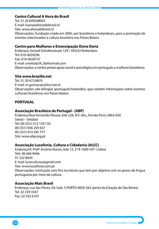 Perfil Migratório do Brasil 2009
124 Ministério do Trabalho e Emprego
Centro Cultural A Hora do Brasil
Tel: 31 20 649248045
E-mail: luana@ahoradobrasil.nl
Site: www.ahoradobrasil.nl
Observações: fundação criada em 2005, por brasileiros e holandeses, para a promoção de
eventos relacionados à cultura brasileira nos Países Baixos.
Centro para Mulheres e Emancipação Dona Daria
Endereço: Gerard Scholtenstraat 129 / 3035SJ Rotterdam
Tel: 010-4659296
Fax: 010-4658737
E-mail: smelody54_8@hotmail.com
Observações: o centro presta apoio social e psicológico em português a mulheres brasileiras.
Site www.brazilie.net
Tel: 31 20 673 8870
E-mail: m.guimaraes@hccnet.nl
Observações: site bilíngüe (português/holandês), que contém informações sobre eventos
culturais brasileiros nos Países Baixos.
PORTUGAL
Associação Brasileira de Portugal - (ABP)
Endereço:Rua Fernando Pessoa, lote 226, R/C dto., Fernão Ferro 2865-650
Seixal – Setúbal
Tel: 00 (351) 212 129 132
00 (351) 936 259 657
00 (351) 914 395 777
Site: www.abp.org.pt
Associação Lusofonia, Cultura e Cidadania (ALCC)
Endereço:R. Profº Arsénio Nunes, lote 12, 2º B 1600-597- Lisboa
Tels: 96 666 9446
91 332 8634
E-mail: lusoculturas@gmail.com
Site: www.lusofonia.com.pt
Observações: instituição sem fins lucrativos que tem por objetivo unir os povos de língua
portuguesa por meio da cultura.
Associação Mais Brasil
Endereço: rua das Flores, 69, Gab. 5 PORTO 4050-265 (perto da Estação de São Bento)
Tel: 22 339 3547
Fax: 22 332 6107
 