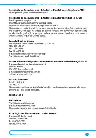 Perfil Migratório do Brasil 2009
Ministério do Trabalho e Emprego 125
Associação de Pesquisadores e Estudantes Brasileiros em Coimbra (APEB)
http://geocities.yahoo.com.br/apebcoimbra
Associação de Pesquisadores e Estudantes Brasileiros em Lisboa (APEB)
E-mail: apeblisboa@gmail.com
Site: http://groups.google.com/group/peb-lisboa
http://www.orkut.com/Community.aspx?cmm=40156297
Observações: associação civil de natureza acadêmica, técnica, científica e cultural, sem
fins lucrativos, com sede na Cidade de Lisboa, fundada em 25/06/2007, congregando
estudantes de graduação e pós-graduação e pesquisadores brasileiros com vínculos
universitários na região da Grande Lisboa.
Casa do Brasil de Lisboa
Endereço: rua de São Pedro de Alcântara, 63 - 1º dto
1250-238 LISBOA
Tel: 21 340 00 00
Fax: 21 340 00 01
E-mail: secretaria@casadobrasildelisboa.pt
Site: http://www.casadobrasil.info/
Casa Grande - Associação Luso Brasileira de Solidariedade e Promoção Social
Endereço: Rua Vale de Santo António, nº 5
Foros de Amora
2845-328 Amora - Portugal
E-mails: casagrande@yahoo.com.br
celidetbom@hotmail.com
Carinho Brasileiro
Tels: 919 542 020
933 020 275
Observações: entidade de Assistência Social às brasileiras reclusas no estabelecimento
prisional de Tires, região de Lisboa.
REINO UNIDO
Amarelinha
Site: http://amarelinha.co.uk/
E-mail: ann@amarelinha.co.uk
Observações: agrega mães brasileiras no Reino Unido.
Associação Brasileira no Reino Unido - ABRAS
Endereço: 59 Station Road
Londres - NW10 4UX
Tel: 020 8961-3377
Fax: 020 8963-1009
 