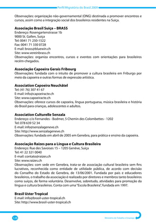 Perfil Migratório do Brasil 2009
128 Ministério do Trabalho e Emprego
Observações: organização não-governamental (ONG) destinada a promover encontros e
cursos, assim como a integração social dos brasileiros residentes na Suiça.
Associação Brasil Suiça – BRASS
Endereço: Rosengartenstrasse 1b
9000 St. Gallen, Suiça
Tel: 0041 71 250-1522
Fax: 0041 71 330 0728
E-mail: brass@bluewin.ch
Site: www.vereinbrass.ch
Observações: organiza encontros, cursos e eventos com orientações para brasileiros
recém-chegados.
Associação Capoeira Gerais Fribourg
Observações: fundada com o intuito de promover a cultura brasileira em Friburgo por
meio da capoeira e outras formas de expressão artística.
Association Capoeira Neuchâtel
Tel: (41 76) 307 41 67
E-mail: info@capoeiracte.ch
Site: www.capoeiracte.ch
Observações: oferece cursos de capoeira, língua portuguesa, música brasileira e história
do Brasil para crianças, adolescentes e adultos.
Association Culturelle Senzala
Endereço: c/o Fernandes - Bodmer, 5 Chemin des Colombettes - 1202
Tel: 078 639 52 34
E-mail: info@senzalageneve.ch
Site: http://www.senzalageneve.ch
Observações: fundada em abril de 2005 em Genebra, para prática e ensino da capoeira.
Associação Raízes para a Língua e Cultura Brasileira
Endereço: Rue des Savoises 15 – 1205 Genève, Suíça
Tel: 41 22 321 0040
E-mail: contato@raizes.ch
Site: www.raizes.ch
Observações: com sede em Genebra, trata-se de associação cultural brasileira sem fins
lucrativos, reconhecida como entidade de utilidade pública, de acordo com decisão
do Conselho do Estado de Genebra, de 13/06/2001. Fundada por pais e educadores
brasileiros, o trabalho da associação é realizado por diretores e membros tanto brasileiros
como suíços, de forma voluntária. Desenvolve, sobretudo, atividades para promoção da
língua e cultura brasileiras. Conta com uma“Escola Brasileira”, fundada em 1997.
Brasil Uster Tropical
E-mail: info@brasil-uster-tropical.ch
Site: http://www.brasil-uster-tropical.ch
 