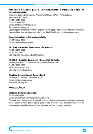 Perfil Migratório do Brasil 2009
Ministério do Trabalho e Emprego 145
Associação Brasileira para o Desenvolvimento e Integração Social na
Austrália (ABRISA)
Endereço: Quarto 2.4 (Segundo Andar) Ross House, 247-251 Flinders Lane,
Melbourne, VIC, 3000
Tel: 61 3 9650-0538
Fax: 61 3 9650 3689
E-mail: contactus@abrisa.org.au
Site: www.abrisa.org.au
Observações: tem como objetivos o apoio, a integração e a celebração da cultura brasileira
na Austrália e o desenvolvimento da comunidade brasileira e da língua portuguesa.
Associação de Brasileiros de Adelaide
Tel: 61 8 8232-3153
E-mail: marininha@gmail.com
BACANA – Brazilian Association of Canberra
Tel: 61 2 6216-5565
Fax: 61 2 6216-4257
Site: http://home.arcor.de/braofcanberra/
BRACCA - Brazilian Community Council of Australia
Endereço: Hut 45A, 142 Addison Rd, Marrickville NSW 2204
Tel: 61 2 9560-6866
E-mail: info@bracca.org
Site: http://www.bracca.org
Brazilian Association of Queensland
Endereço: PO Box 1982 New Farm 4005
E-mail: contact@baq.org.au
Site: www.baq.org.au
NOVA ZELÂNDIA
Brazilian Cultural Education
Tel: 64 9 277-6583
E-mail: brazilianculturaleducation@yahoo.co.nz
Observações: localizada em Auckland, a escola oferece aulas noturnas de português para
alunos estrangeiros e presta apoio gratuito aos brasileiros que solicitam indicações de
escolas para aprendizagem da língua inglesa e para serviços de tradução.
 