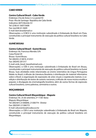 Perfil Migratório do Brasil 2009
Ministério do Trabalho e Emprego 147
CABO VERDE
Centro Cultural Brasil - Cabo Verde
Endereço: Cha de Areia n 2 cx postal 93
Praia- Ilha de Santiago- República de Cabo Verde
Indicativo: 6075 Bremb-CV
Tel: (238) 61 5607/5608
Fax: (oo238) 61-5609
E-mail: bem.brasil@mail.cv
Observações: o CCBCV é uma instituição subordinada à Embaixada do Brasil em Praia,
constituindo o principal instrumento de execução da política cultural brasileira no Cabo
Verde.
GUINÉ BISSAU
Centro Cultural Brasil - Guiné Bissau
Endereço: Av. Francisco Mendes S/N
Caixa Postal 29
Bissau- Guiné Bissau
Tel: (00245) 213819, 212551
Fax: (00245) 201317
E-mail: emb_brasil_bxo@hotmail.com
Observações: o CEB é uma instituição subordinada à Embaixada do Brasil em Bissau,
constituindo o principal instrumento de execução da política cultural brasileira na Guiné
Bissau. Suas atividades estão relacionadas ao ensino sistemático da Língua Portuguesa
falada no Brasil; à difusão da Literatura Brasileira; à distribuição de material informativo
sobre o Brasil; à organização de exposições de artes visuais e espetáculos teatrais; à co-
edição e distribuição de textos de autores nacionais; à difusão de nossa música erudita e
popular; à divulgação da cinematografia brasileira; além de outras formas de expressão
cultural brasileira, como palestras, seminários e outros.
MOÇAMBIQUE
Centro Cultural Brasil-Moçambique - Maputo
Endereço: Av. 25 de setembro, nº 1728- Baixa
Maputo-Moçambique
Tel: (002581) 21306840, 21306774 - Diretor
Fax: (002581) 21306772
E-mail: ceb.eventos@tvcabo.co.mz
Observações: o CEB é uma instituição subordinada à Embaixada do Brasil em Maputo,
constituindo o principal instrumento de execução da política cultural brasileira em
Moçambique.
 