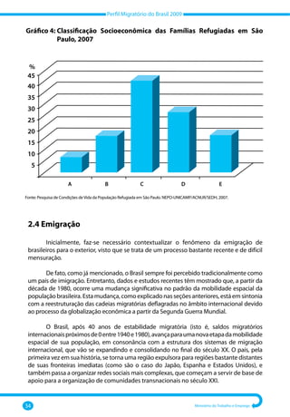 Perfil Migratório do Brasil 2009
34 Ministério do Trabalho e Emprego
Gráfico 4: 
Classificação Socioeconômica das Famílias Refugiadas em São
Paulo, 2007
Fonte: Pesquisa de Condições deVida da População Refugiada em São Paulo. NEPO‐UNICAMP/ACNUR/SEDH, 2007.
%
40
45
A B
35
25
30
20
15
10
5
C D E
2.4 Emigração
Inicialmente, faz‐se necessário contextualizar o fenômeno da emigração de
brasileiros para o exterior, visto que se trata de um processo bastante recente e de difícil
mensuração.
De fato, como já mencionado, o Brasil sempre foi percebido tradicionalmente como
um país de imigração. Entretanto, dados e estudos recentes têm mostrado que, a partir da
década de 1980, ocorre uma mudança significativa no padrão da mobilidade espacial da
população brasileira. Esta mudança, como explicado nas seções anteriores, está em sintonia
com a reestruturação das cadeias migratórias deflagradas no âmbito internacional devido
ao processo da globalização econômica a partir da Segunda Guerra Mundial.
O Brasil, após 40 anos de estabilidade migratória (isto é, saldos migratórios
internacionaispróximosde0entre1940e1980),avançaparaumanovaetapadamobilidade
espacial de sua população, em consonância com a estrutura dos sistemas de migração
internacional, que vão se expandindo e consolidando no final do século XX. O país, pela
primeira vez em sua história, se torna uma região expulsora para regiões bastante distantes
de suas fronteiras imediatas (como são o caso do Japão, Espanha e Estados Unidos), e
também passa a organizar redes sociais mais complexas, que começam a servir de base de
apoio para a organização de comunidades transnacionais no século XXI.
 