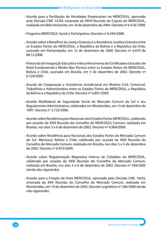 Perfil Migratório do Brasil 2009
58 Ministério do Trabalho e Emprego
‐ 
Acordo para a Facilitação de Atividades Empresariais no MERCOSUL, aprovado
pela Decisão CMC 32/04, emanada da XXVII Reunião de Cúpula do MERCOSUL,
realizada em Belo Horizonte, em 16 de dezembro de 2004. Decreto nº 6.418/ 2008.
‐ Programa MERCOSUL Social e Participativo. Decreto nº 6.594/2008.
‐ 
Acordo sobre o Benefício da Justiça Gratuita e a Assistência Jurídica Gratuita entre
os Estados Partes do MERCOSUL, a República da Bolívia e a República do Chile,
assinado em Florianópolis, em 15 de dezembro de 2000. Decreto nº 6.679 de
08.12.2008.
‐ 
Protocolo de Integração Educativa e Reconhecimento de Certificados e Estudos de
Nível Fundamental e Médio Não‐Técnico entre os Estados Partes do MERCOSUL,
Bolívia e Chile, assinado em Brasília, em 5 de dezembro de 2002. Decreto nº
6.729/2009.
‐ 
Acordo de Cooperação e Assistência Jurisdicional em Matéria Civil, Comercial,
Trabalhista e Administrativa entre os Estados Partes do MERCOSUL, a República
da Bolívia e a República do Chile. Decreto nº 6.891/2009.
‐ 
Acordo Multilateral de Seguridade Social do Mercado Comum do Sul e seu
Regulamento Administrativo, celebrados em Montevidéu, em 15 de dezembro de
1997. Decreto n° 5.722/2006.
‐ 
Acordo sobre Residência para Nacionais dos Estados Partes MERCOSUL, celebrado
por ocasião da XXIII Reunião do Conselho do MERCOSUL Comum, realizada em
Brasília, nos dias 5 e 6 de dezembro de 2002. Decreto nº 6.964/2009.
‐ 
Acordo sobre Residência para Nacionais dos Estados Partes do Mercado Comum
do Sul ‐Mercosul, Bolívia e Chile, celebrado por ocasião da XXIII Reunião do
Conselho do Mercado Comum, realizada em Brasília, nos dias 5 e 6 de dezembro
de 2002. Decreto nº 6.975/2009.
‐ 
Acordo sobre Regularização Migratória Interna de Cidadãos do MERCOSUL,
celebrado por ocasião da XXIII Reunião do Conselho do Mercado Comum,
realizada em Brasília, nos dias 5 e 6 de dezembro de 2002. Decreto nº 928/2005
(ainda não vigorando).
‐ 
Acordo para a Criação do Visto MERCOSUL, aprovado pela Decisão CMC 16/03,
emanada da XXV Reunião do Conselho do Mercado Comum, realizada em
Montevidéu, em 16 de dezembro de 2003. Decreto Legislativo nº 346/2008 (ainda
não vigorando).
 