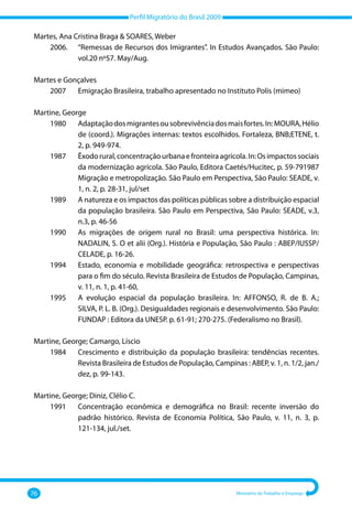 Perfil Migratório do Brasil 2009
76 Ministério do Trabalho e Emprego
Martes, Ana Cristina Braga  SOARES, Weber
	 2006. 	
“Remessas de Recursos dos Imigrantes”. In Estudos Avançados. São Paulo:
vol.20 nº57. May/Aug.
Martes e Gonçalves
	 2007 	 Emigração Brasileira, trabalho apresentado no Instituto Polis (mimeo)
Martine, George
	 1980 	
Adaptaçãodosmigrantesousobrevivênciadosmaisfortes.In:MOURA,Hélio
de (coord.). Migrações internas: textos escolhidos. Fortaleza, BNB;ETENE, t.
2, p. 949‐974.
	 1987 	
Êxodorural,concentraçãourbanaefronteiraagrícola.In:Osimpactossociais
da modernização agrícola. São Paulo, Editora Caetés/Hucitec, p. 59‐791987
Migração e metropolização. São Paulo em Perspectiva, São Paulo: SEADE, v.
1, n. 2, p. 28‐31, jul/set
	 1989 	
A natureza e os impactos das políticas públicas sobre a distribuição espacial
da população brasileira. São Paulo em Perspectiva, São Paulo: SEADE, v.3,
n.3, p. 46‐56
	 1990 	
As migrações de origem rural no Brasil: uma perspectiva histórica. In:
NADALIN, S. O et alii (Org.). História e População, São Paulo : ABEP/IUSSP/
CELADE, p. 16‐26.
	 1994 	
Estado, economia e mobilidade geográfica: retrospectiva e perspectivas
para o fim do século. Revista Brasileira de Estudos de População, Campinas,
v. 11, n. 1, p. 41‐60,
	 1995 	
A evolução espacial da população brasileira. In: AFFONSO, R. de B. A.;
SILVA, P. L. B. (Org.). Desigualdades regionais e desenvolvimento. São Paulo:
FUNDAP : Editora da UNESP. p. 61‐91; 270‐275. (Federalismo no Brasil).
Martine, George; Camargo, Líscio
	 1984 	
Crescimento e distribuição da população brasileira: tendências recentes.
Revista Brasileira de Estudos de População, Campinas : ABEP, v. 1, n. 1/2, jan./
dez, p. 99‐143.
Martine, George; Diniz, Clélio C.
	 1991 	
Concentração econômica e demográfica no Brasil: recente inversão do
padrão histórico. Revista de Economia Política, São Paulo, v. 11, n. 3, p.
121‐134, jul./set.
 