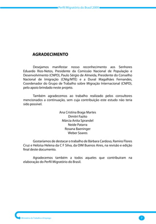 Perfil Migratório do Brasil 2009
Ministério do Trabalho e Emprego 7
Desejamos manifestar nosso reconhecimento aos Senhores
Eduardo Rios‐Netos, Presidente da Comissão Nacional de População e
Desenvolvimento (CNPD), Paulo Sérgio de Almeida, Presidente do Conselho
Nacional de Imigração (CNIg/MTE) e a Duval Magalhães Fernandes,
Coordenador do Grupo de Trabalho sobre Migração Internacional (CNPD),
pelo apoio brindado neste projeto.
Também agradecemos ao trabalho realizado pelos consultores
mencionados a continuação, sem cuja contribuição este estudo não teria
sido possível.
Ana Cristina Braga Martes
Dimitri Fazito
Márcia Anita Sprandel
Neide Patarra
Rosana Baeninger
Weber Soares
Gostaríamos de destacar o trabalho de Bárbara Cardoso, Ramiro Flores
Cruz e Heloísa Helena da C F Silva, da OIM Buenos Aires, na revisão e edição
final deste documento.
Agradecemos também a todos aqueles que contribuíram na
elaboração do Perfil Migratório do Brasil.
AGRADECIMENTO
 