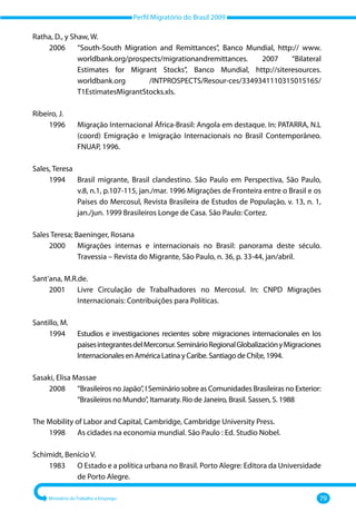 Perfil Migratório do Brasil 2009
Ministério do Trabalho e Emprego 79
Ratha, D., y Shaw, W.
	 2006 	
“South‐South Migration and Remittances”, Banco Mundial, http:// www.
worldbank.org/prospects/migrationandremittances. 2007 “Bilateral
Estimates for Migrant Stocks”, Banco Mundial, http://siteresources.
worldbank.org /INTPROSPECTS/Resour‐ces/3349341110315015165/
T1EstimatesMigrantStocks.xls.
Ribeiro, J.
	 1996 	
Migração Internacional África‐Brasil: Angola em destaque. In: PATARRA, N.L
(coord) Emigração e Imigração Internacionais no Brasil Contemporâneo.
FNUAP, 1996.
Sales, Teresa
	 1994 	
Brasil migrante, Brasil clandestino. São Paulo em Perspectiva, São Paulo,
v.8, n.1, p.107‐115, jan./mar. 1996 Migrações de Fronteira entre o Brasil e os
Países do Mercosul, Revista Brasileira de Estudos de População, v. 13, n. 1,
jan./jun. 1999 Brasileiros Longe de Casa. São Paulo: Cortez.
Sales Teresa; Baeninger, Rosana
	 2000 	
Migrações internas e internacionais no Brasil: panorama deste século.
Travessia – Revista do Migrante, São Paulo, n. 36, p. 33‐44, jan/abril.
Sant’ana, M.R.de.
	 2001 	
Livre Circulação de Trabalhadores no Mercosul. In: CNPD Migrações
Internacionais: Contribuições para Políticas.
Santillo, M.
	 1994 	
Estudios e investigaciones recientes sobre migraciones internacionales en los
paisesintegrantesdelMercorsur.SeminárioRegionalGlobalizaciónyMigraciones
Internacionales en América Latina y Caribe. Santiago de Chil;e, 1994.
Sasaki, Elisa Massae
	 2008	
“Brasileiros no Japão”, I Seminário sobre as Comunidades Brasileiras no Exterior:
“Brasileiros no Mundo”, Itamaraty. Rio de Janeiro, Brasil. Sassen, S. 1988
The Mobility of Labor and Capital, Cambridge, Cambridge University Press.
	 1998	
As cidades na economia mundial. São Paulo : Ed. Studio Nobel.
Schimidt, Benício V.
	 1983 	
O Estado e a política urbana no Brasil. Porto Alegre: Editora da Universidade
de Porto Alegre.
 