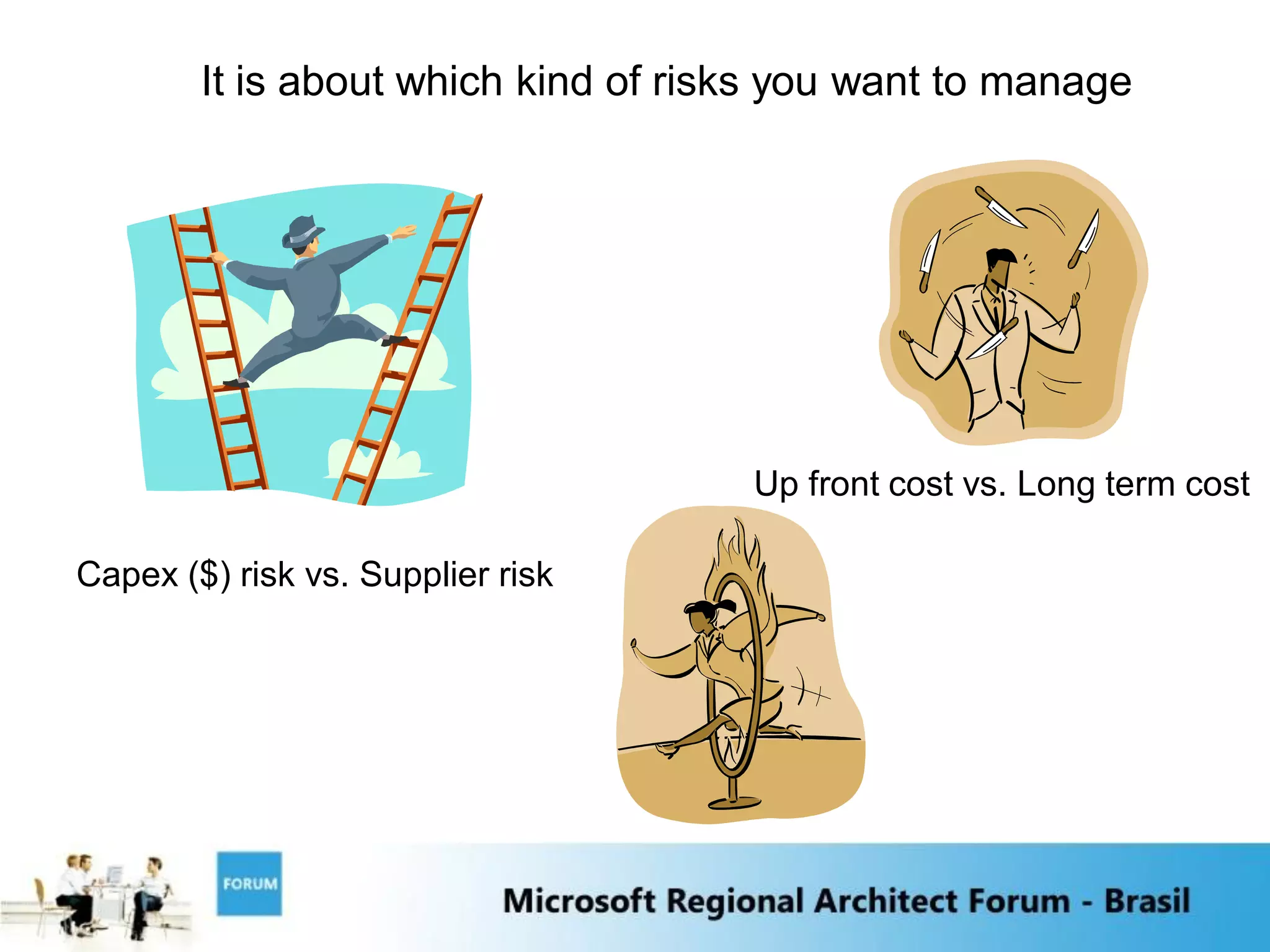 It is about which kind of risks you want to manage




                                     Up front cost vs. Long term cost

Capex ($) risk vs. Supplier risk
 