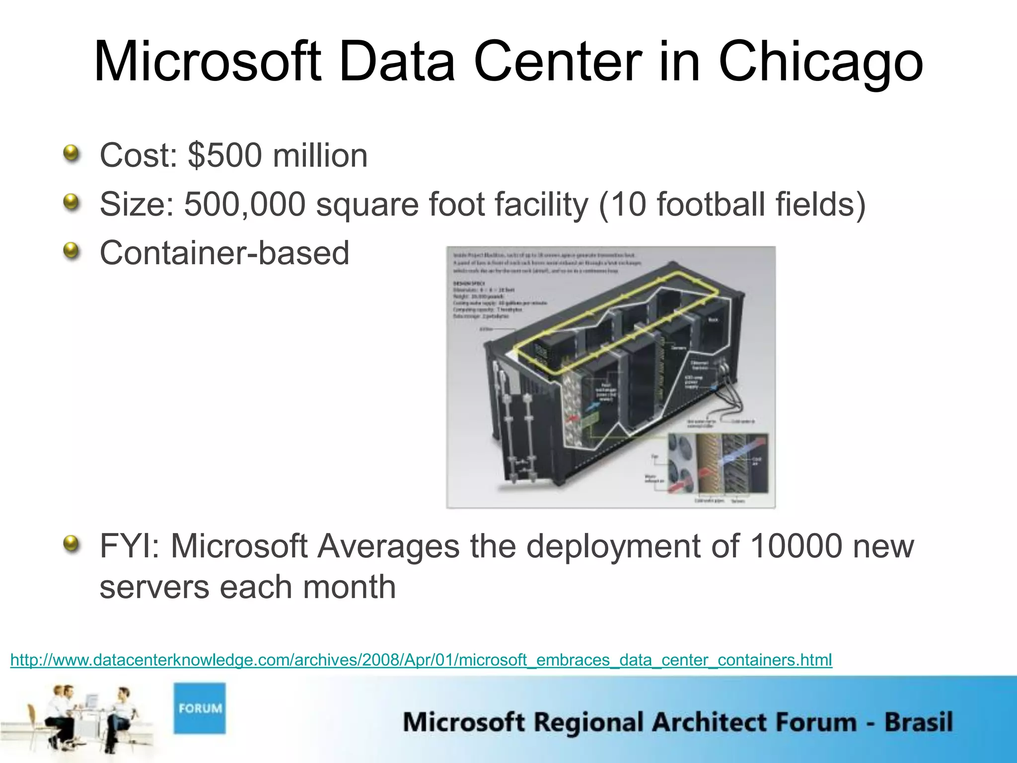 Microsoft Data Center in Chicago
           Cost: $500 million
           Size: 500,000 square foot facility (10 football fields)
           Container-based




           FYI: Microsoft Averages the deployment of 10000 new
           servers each month
http://www.datacenterknowledge.com/archives/2008/Apr/01/microsoft_embraces_data_center_containers.html
 