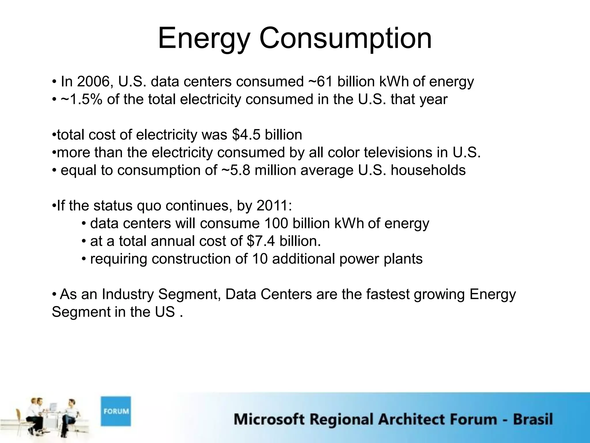Energy Consumption
• In 2006, U.S. data centers consumed ~61 billion kWh of energy
• ~1.5% of the total electricity consumed in the U.S. that year

•total cost of electricity was $4.5 billion
•more than the electricity consumed by all color televisions in U.S.
• equal to consumption of ~5.8 million average U.S. households

•If the status quo continues, by 2011:
      • data centers will consume 100 billion kWh of energy
      • at a total annual cost of $7.4 billion.
      • requiring construction of 10 additional power plants

• As an Industry Segment, Data Centers are the fastest growing Energy
Segment in the US .
 