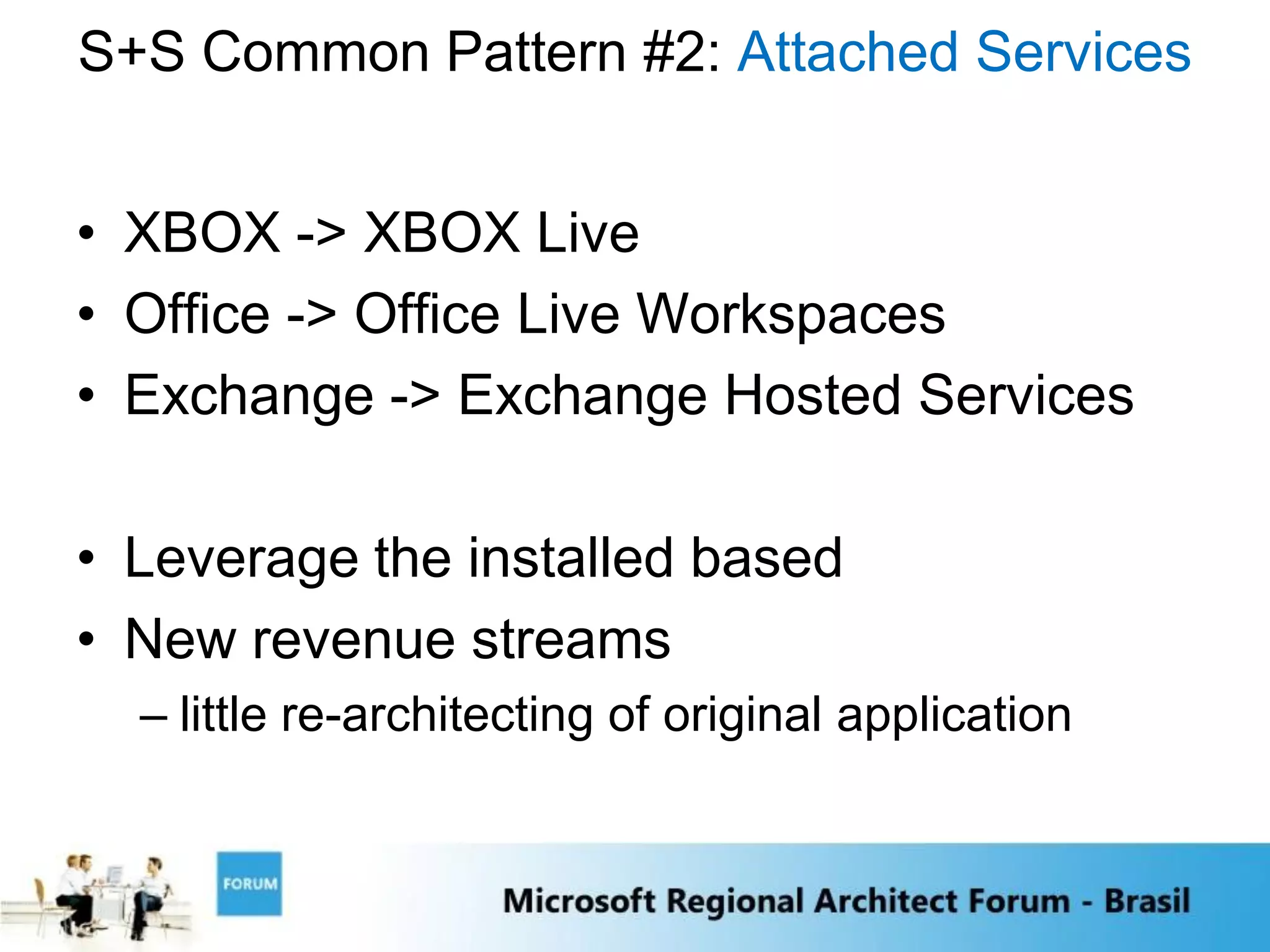 S+S Common Pattern #2: Attached Services


• XBOX -> XBOX Live
• Office -> Office Live Workspaces
• Exchange -> Exchange Hosted Services

• Leverage the installed based
• New revenue streams
  – little re-architecting of original application
 