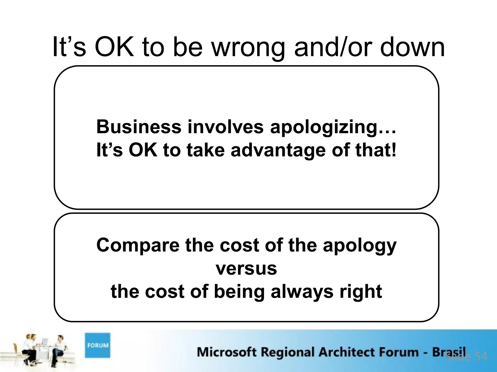 It‟s OK to be wrong and/or down

   Business involves apologizing…
   It’s OK to take advantage of that!



   Compare the cost of the apology
                versus
    the cost of being always right


                                        Slide 54
 