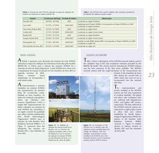 . Estações da rede SONDA utilizadas na etapa de validação do                   . The SONDA sites used to validate solar estimates provided by
      modelo de transferência radiativa BRASIL-SR.                                   the BRASIL-SR radiative transfer model.




                                                                                                                                                                     Atlas Brasileiro de Energia Solar
      Petrolina (PE)                  09°04'S / 40°19W             2005      Localizada na região Nordeste
                                                                             Implantada pelo Projeto SWERA e incorporada ao Projeto SONDA em 2005
      Caicó (RN)                      01°55'S / 37°05'W         2004/2005
                                                                             Localizada na região Nordeste
      Ouro Preto d'Oeste (RO)         10°52'S / 61°58'W            2005      Localizada na região Norte
      Cuiabá (MT)                     15°33'S / 56°04'W         2004/2005    Localizada na região Centro-Oeste
      Brasília (DF)                   15°36'S / 47°42'W            2005      Localizada na região Nordeste
      Campo Grande (MS)               20°26'S / 54°32'W         2004/2005    Localizada na região Centro-Oeste
                                                                             Incluída na rede BSRN desde 2000 e incorporada ao Projeto SONDA em 2005
      Florianópolis (SC)              27°36'S / 48°30'W         2000/2005
                                                                             Localizada na região Sul
      São Martinho da Serra (RS)      29°26'S / 53°49'W         2004/2005    Localizada na região Sul



   REDE SONDA                                                                           SONDA NETWORK


A     Tabela 1 apresenta uma descrição das estações da rede SONDA
utilizadas na etapa de validação das estimativas fornecidas pelo modelo
                                                                                     T   able 1 shows a description of the SONDA network stations used in
                                                                                     the validation step of the solar irradiation estimates provided by the
BRASIL-SR. O critério para a seleção das estações SONDA foi a                        BRASIL-SR model. The criteria used for selecting the SONDA stations
extensão da série de dados disponíveis. A rede SONDA teve início com                 was the time extension of the data series available. The SONDA
a implantação da estação localizada em São Martinho da Serra (RS) no                 network started with the imple-mentation of the measurement site
segundo semestre de 2004.                                                                                                  located at São Martinho da Serra
Muitas        estações      foram
implantadas ou incorporadas à
                                                                                                                           (RS) during the second half of
                                                                                                                           2004. Many sites were set up or
                                                                                                                                                                     23
rede desde então.                                                                                                          incorporated into the network
                                                                                                                           after that.
A     instrumentação e sensores
instalados nas estações SONDA                                                                                                 T    he    instrumentation      and
são equipamentos de primeira                                                                                                  sensors installed at the SONDA
linha de reconhecida confia-                                                                                                  stations are first class equipment
bilidade no meio científico. Os                                                                                               of certified reliability. The global
dados de irradiação solar global e                                                                                            and direct solar irradiation data
direta são coletados com                                                                                                      are collected with Kipp&Zonen
sensores Kipp&Zonen CM21 e                                                                                                    CM21 and Eppley NIP sensors,
Eppley NIP, respectivamente. Os                                                                                               respectively. The data collected at
dados coletados nas estações da                                                                                               the SONDA network stations are
rede SONDA são submetidos à                                                                                                   subjected to a rigid quality control
um rígido controle de qualidade                                                                                               to allow that uses criteria
que utiliza critérios estabelecidos                                                                                           established by World Meteo-
pela     World      Meteorological                                                                                            rological Organization (WMO) for
Organization (WMO) para as                                                                                                    stations of the Baseline Solar
estações da rede Baseline Solar                                                                                               Radiation      Network       (BSRN)
Radiation Network (BSRN) [22]. A                                                                                               network [22]. Figure 11 exhibits
                                                    . (a) Módulo de                             . (a) Container of the
Figura 11 apresenta fotos das                                                                                                  photos of stations located in
                                         medidas da estação SONDA em                 SONDA site in Brasilia with the
instalações das estações em              Brasília com os sensores de                 radiation sensors installed above the     Brasilia (DF) and São Martinho
Brasília (DF) e São Martinho da          radiação instalados sobre o teto;           ceiling; (b) Platform with the            da Serra (RS).
Serra (RS).                              (b) Plataforma com os sensores              radiation measurement sensors
                                         de radiação na estação SONDA                installed a the SONDA site in São
                                         em São Martinho da Serra; e (c)             Martinho da Serra; and (c) Automatic
                                         Plataforma de coleta de dados               weather station (AWS) in Paraná.
 