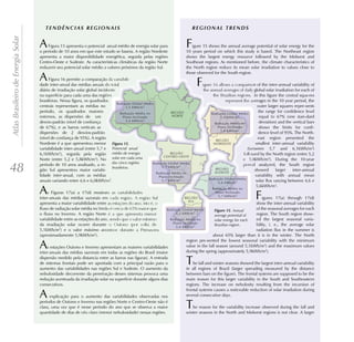 Atlas Brasileiro de Energia Solar


                                    A   Figura 15 apresenta o potencial anual médio de energia solar para
                                    o período de 10 anos em que este estudo se baseia. A região Nordeste
                                                                                                              F  igure 15 shows the annual average potential of solar energy for the
                                                                                                              10 years period on which this study is based. The Northeast region
                                    apresenta a maior disponibilidade energética, seguida pelas regiões       shows the largest energy resource followed by the Midwest and
                                    Centro-Oeste e Sudeste. As características climáticas da região Norte     Southeast regions. As mentioned before, the climate characteristics of
                                    reduzem seu potencial solar médio a valores próximos da região Sul.       the North region reduce its mean solar irradiation to values close to
                                                                                                              those observed for the South region.
                                    A    Figura 16 permite a comparação da variabili-
                                    dade inter-anual das médias anuais do total                                     F   igure 16 allows a comparison of the inter-annual variability of
                                    diário de irradiação solar global incidente                                          the annual averages of daily global solar irradiation for each of
                                    na superfície para cada uma das regiões                                                   the Brazilian regions. In this figure the central squa-res
                                    brasileiras. Nessa figura, os quadrados                                                          represent the averages in the 10 year period, the
                                    centrais representam as médias no                                                                                   outer larger squares repre-sents
                                    período, os quadrados maiores                                                                                       the range for confidence level
                                    externos, as dispersões de um                                                                                        equal to 67% (one stan-dard
                                    desvio-padrão (nível de confiança                                                                                    deviation) and the vertical bars
                                    de 67%), e as barras verticais as                                                                                    shows the limits for confi-
                                    dispersões de 2 desvios-padrão                                                                                      dence level of 95%. The North-
                                    (nível de confiança de 95%). A região                                                                               east region presented the
                                    Nordeste é a que apresentou menor                   .                                                              smallest inter-annual variability
                                    variabilidade inter-anual (entre 5,7 e Potencial anual                                                        (between 5,7 and 6,1kWh/m2)
                                    6,1kWh/m2), seguida pela região médio de energia                                                            followed by the North region (entre 5,2
                                    Norte (entre 5,2 e 5,8kWh/m2). No solar em cada uma                                                        e 5,8kWh/m2). During the 10-year
                                    período de 10 anos analisado, a re- das cinco regiões
48                                  gião Sul apresentou maior variabi-
                                    lidade inter-anual, com as médias
                                                                             brasileiras.
                                                                                                                                               period analyzed, the South region
                                                                                                                                                      showed       larger    inter-annual
                                                                                                                                                       variability with annual mean
                                    anuais variando entre 4,6 e 6,0kWh/m2.                                                                             solar flux varying between 4,6 e
                                                                                                                                                       5,6kWh/m2.
                                    A   s Figuras 17(a) a 17(d) mostram as variabilidades
                                    inter-anuais das médias sazonais em cada região. A região Sul                                                      F igures 17(a) through 17(d)
                                    apresenta a maior variabilidade entre as estações do ano, isto é, o                                              show the inter-annual variability
                                    fluxo de radiação solar média no Verão é cerca de 65% maior que                                       . Annual   of the seasonal averages for each
                                    o fluxo no Inverno. A região Norte é a que apresenta menor                                 average potential of  region. The South region show-
                                    variabilidade entre as estações do ano, sendo que o valor mínimo                           solar energy for each ed the largest seasonal varia-
                                    da irradiação solar ocorre durante o Outono (por volta de                                  Brazilian region.     bility, i. e., the average solar
                                    5,1kWh/m2) e o valor máximo acontece durante a Primavera                                                         radiation flux in the summer is
                                    (aproximadamente 5,9kWh/m2).                                                             about 65% larger than it is in the winter. The North
                                                                                                              region pre-sented the lowest seasonal variability with the minimum
                                    A   s estações Outono e Inverno apresentam as maiores variabilidades
                                    inter-anuais das médias sazonais em todas as regiões do Brasil (maior
                                                                                                              value in the fall season (around 5,1kWh/m2) and the maximum values
                                                                                                              during the spring (approximately 5,9kWh/m2).
                                    dispersão medido pela distancia entre as barras nas figuras). A entrada
                                    de sistemas frontais pode ser apontada com a principal razão para o
                                    aumento das variabilidades nas regiões Sul e Sudeste. O aumento da
                                                                                                              T   he fall and winter seasons showed the largest inter-annual variability
                                                                                                              in all regions of Brazil (larger spreading measured by the distance
                                    nebulosidade decorrente da penetração desses sistemas provoca uma         between bars on the figure). The frontal systems are supposed to be the
                                    redução acentuada da irradiação solar na superfície durante alguns dias   main reason for this larger variability in the South and Southeastern
                                    consecutivos.                                                             regions. The increase on nebulosity resulting from the incursion of
                                                                                                              frontal systems causes a noticeable reduction of solar irradiation during
                                    A     explicação para o aumento das variabilidades observadas nos         several consecutive days.
                                    períodos de Outono e Inverno nas regiões Norte e Centro-Oeste não é
                                    clara, uma vez que é nesse período do ano que se observa a maior
                                    quantidade de dias de céu claro (menor nebulosidade) nessas regiões.
                                                                                                              T  he reason for the variability increase observed during the fall and
                                                                                                              winter seasons in the North and Midwest regions is not clear. A larger
 