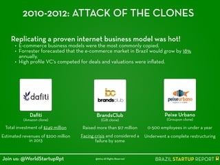 2010-2012: ATTACK OF THE CLONES
Replicating a proven internet business model was hot!
• E-commerce business models were the most commonly copied.
• Forrester forecasted that the e-commerce market in Brazil would grow by 18%
annually.
• High proﬁle VC's competed for deals and valuations were inﬂated.
Daﬁti
(Amazon clone)
!
Total investment of $249 million
!
Estimated revenues of $200 million
in 2013
BrandsClub
(Gilt clone)
!
Raised more than $17 million
!
Facing crisis and considered a
failure by some
Peixe Urbano
(Groupon clone)
!
0-500 employees in under a year
!
Underwent a complete restructuring
@2014 All Rights ReservedJoin us: @WorldStartupRpt
 