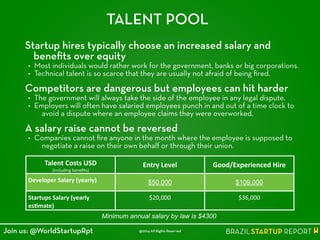 TALENT POOL
Startup hires typically choose an increased salary and
beneﬁts over equity
• Most individuals would rather work for the government, banks or big corporations.
• Technical talent is so scarce that they are usually not afraid of being ﬁred.
!
Competitors are dangerous but employees can hit harder
• The government will always take the side of the employee in any legal dispute.
• Employers will often have salaried employees punch in and out of a time clock to
avoid a dispute where an employee claims they were overworked.
!
A salary raise cannot be reversed
• Companies cannot ﬁre anyone in the month where the employee is supposed to
negotiate a raise on their own behalf or through their union.
Minimum annual salary by law is $4300
Talent	
  Costs	
  USD	
  	
  
(including	
  beneﬁts)
Entry	
  Level Good/Experienced	
  Hire
Developer	
  Salary	
  (yearly) $50,000 $109,000
Startups	
  Salary	
  (yearly	
  
es4mate)
$20,000 $36,000
@2014 All Rights ReservedJoin us: @WorldStartupRpt
 