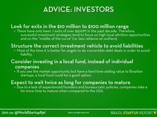 ADVICE: INVESTORS
Look for exits in the $10 million to $100 million range
• There have only been 7 exits of over $500M in the past decade. Therefore,
successful investment strategies tend to focus on high local attrition opportunities
and on the "middle of the curve" (i.e. less reliance on outliers).
!
Structure the correct investment vehicle to avoid liabilities
• Most of the time it is better for angels to do convertible debt deals in order to avoid
liability.
!
Consider investing in a local fund, instead of individual
companies
• If you see the market opportunity but have a hard time adding value to Brazilian
startups, a local fund could be a good option.
!
Expect to wait twice as long for companies to mature
• Due to a lack of experienced founders and bureaucratic policies, companies take a
lot more time to mature when compared to the USA.
@2014 All Rights ReservedJoin us: @WorldStartupRpt
 