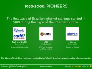 1998-2008: PIONEERS
The ﬁrst wave of Brazilian internet startups started in
1998 during the hype of the Internet Bubble.
The Akwan oﬃce in Belo Horizonte remains Google’s South American research and development center.
Zeek and Cadê?
Search (1999)
!
Acquired by Starmedia
UOL
Media (2005)
!
IPO but no longer
publicly traded
Akwan
Search (2005)
!
Bought by Google
@2014 All Rights ReservedJoin us: @WorldStartupRpt
 
