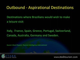 Outbound - Aspirational Destinations Destinations where Brazilians would wish to make  a leisure visit: Italy,  France, Spain, Greece, Portugal, Switzerland, Canada, Australia, Germany and Sweden. Source: Brazil Report, Tourism Intelligence International 