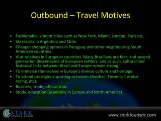 Outbound – Travel Motives Fashionable, vibrant cities such as New York, Miami, London, Paris etc. Ski resorts in Argentina and Chile. Cheaper shopping options in Paraguay and other neighbouring South American countries.  Visit relatives in European countries. Many Brazilians are first- and second generation descendants of European settlers, and as such, cultural and historical links between Brazil and Europe remain strong. To immerse themselves in Europe’s diverse culture and heritage. To attend prestigious sporting occasions (football, Formula 1 motor racing, etc). Business, trade, official trips Study, education (especially in Europe and North America) 