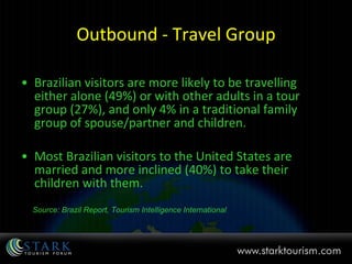Outbound - Travel Group Brazilian visitors are more likely to be travelling either alone (49%) or with other adults in a tour group (27%), and only 4% in a traditional family group of spouse/partner and children.  Most Brazilian visitors to the United States are married and more inclined (40%) to take their children with them. Source: Brazil Report, Tourism Intelligence International 